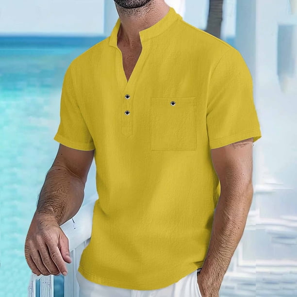 Blusa y camisa de manga corta con cuello alto para hombre, color liso, informal, a la moda, con botones, cuello alto, manga corta, bolsillos, blusa, camisa para hombre, blusas de poliéster