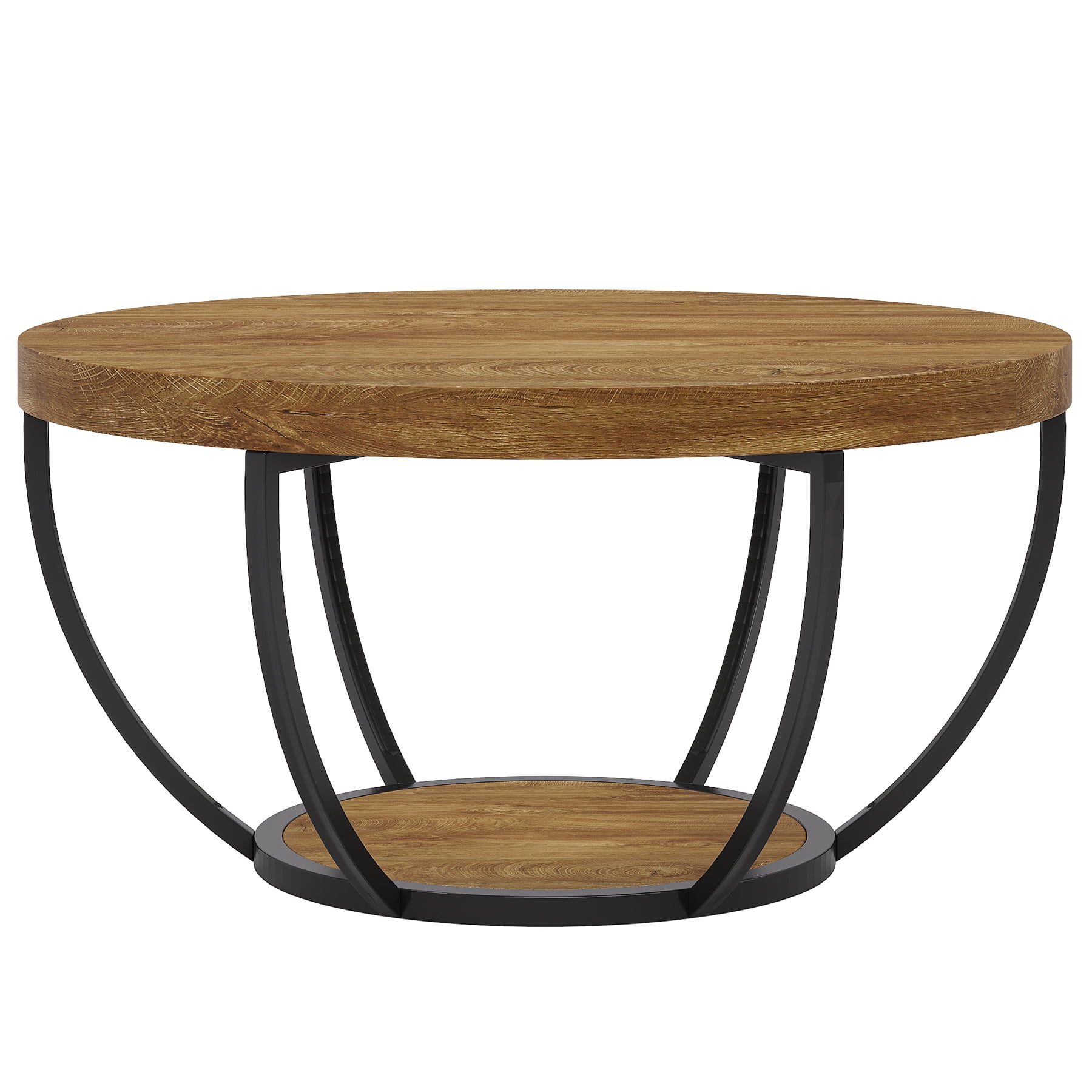 Fnova Coffee Table with 2 - Tier Storage, 32" Round Wood Coffee Table with Metal Legs, Modern Rustic Style Center Table for Living Room, Light Brown and Black