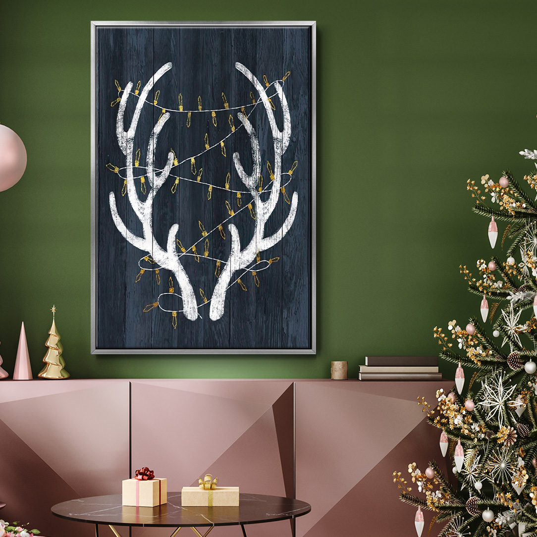 Antlers & Lights - Framed Gallery Wrapped Holiday Canvas - 17 x 25 - Silver Frame