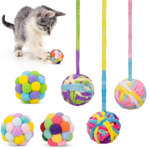 6Pcs Cat Toys Balls, Wool Yarn Cat Ball, Interactive Kitten Toys for Indoor Cats Kitty Chew Kick, Colorful Soft Fuzzy Pet Toy Ball with String