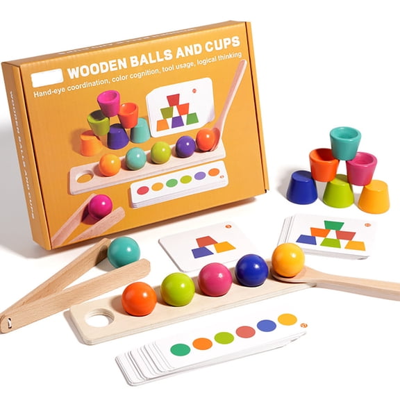 syligr Color Sorting Stacking Cups Toy with Beads and Wooden Tongs Montessori Educational Learning Game for Toddlers Rainbow Colors Fine Motor Skills Hand-Eye Coordination Activity Cards