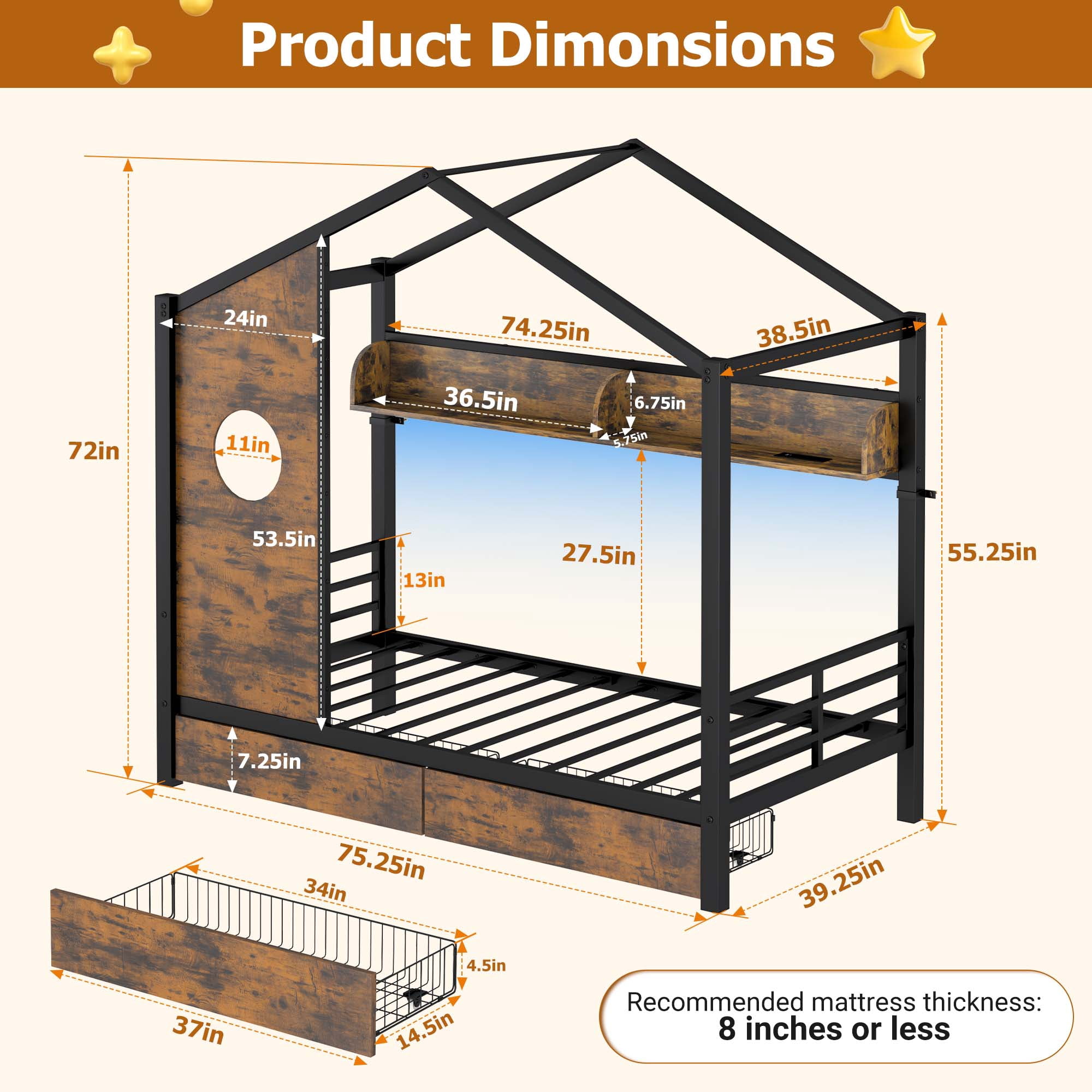 Miniyam Twin Size Metal House Bed with 2 Storage Drawers, Storage Shelf and Charging Station, Black