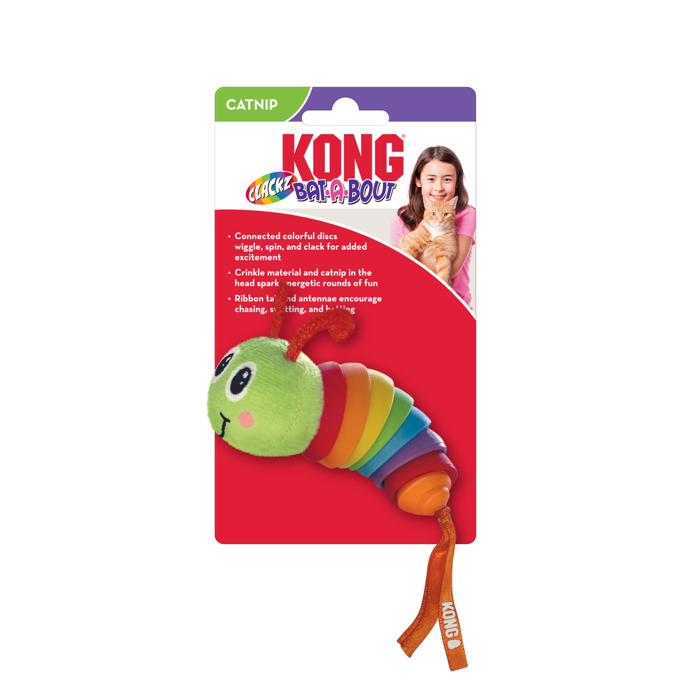 KONG® Bat-A-Bout Clackz Caterpillar Cat Toy, with Premium North American Catnip