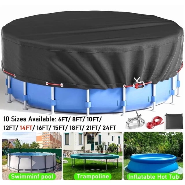 SHELTUSE Cubierta Redonda para Piscina de 14 Pies Cubierta Solar para Piscina Redonda Oxford sobre el Suelo con Cuerda de Acero para Piscinas Elevadas, Cubierta para Piscina sobre el Suelo, Cubierta para Piscina de Invierno, Negro