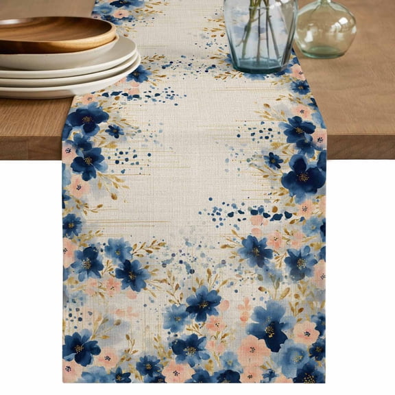 Navy Blue Spring Floral Cotton Linen Table Runner for Dining Kitchen, Farmhouse Butterfly Rustic Wedding Outdoor Party Tablerunners Decoration, Dresser Scarf Coffee Tablecloth Runners 13x48 Inches
