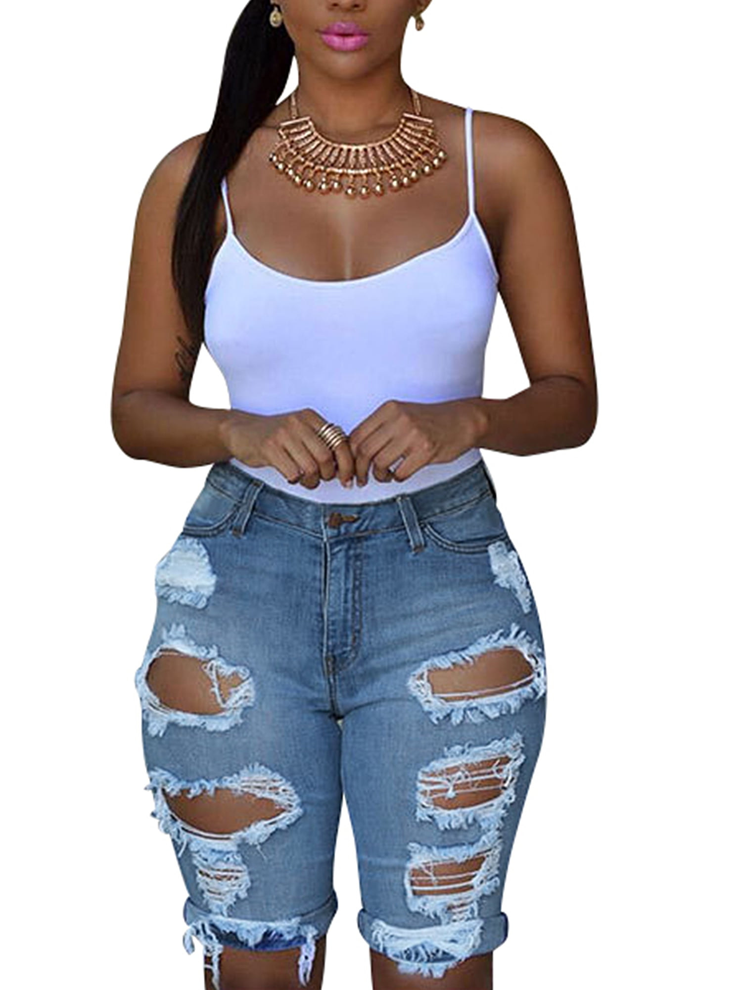 women's high waist ripped hole washed distressed denim shorts jeans