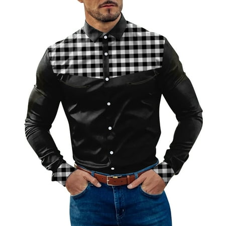 

Mens Fashion Casual Plaid Color Block Splicing Lapel Button Cuffs Long Sleeve Shirt Pajama