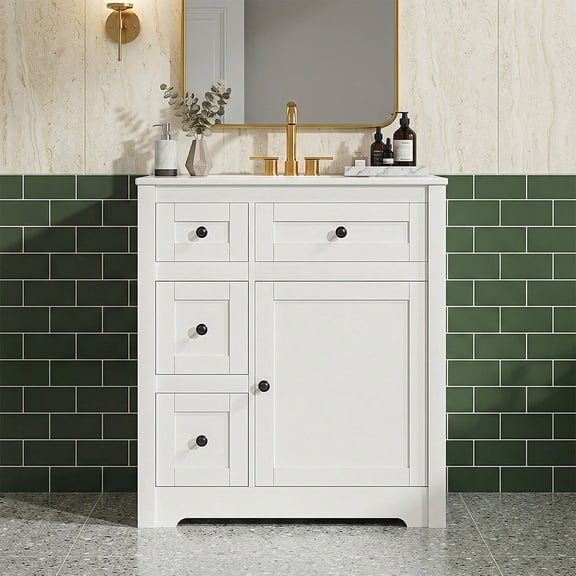 edx 30"Bathroom Vanity with Ceramic Sink, Organizer 4-Tier-Hidden Storage, Restroom Basin Cabinet with Doors,Modern Lavatory Laundry Room Freestanding