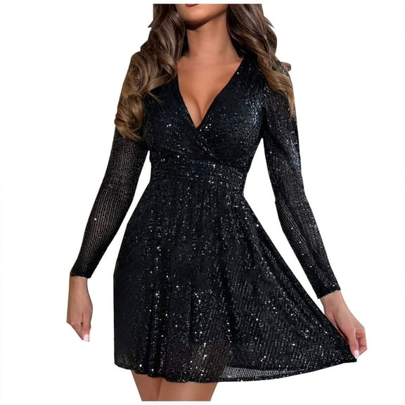 asdoklhq Plus Size Dresses for Curvy Women Party Sequin Loose V-neck Dress Casual Fashion Long Sleeve Women's Dress Black S