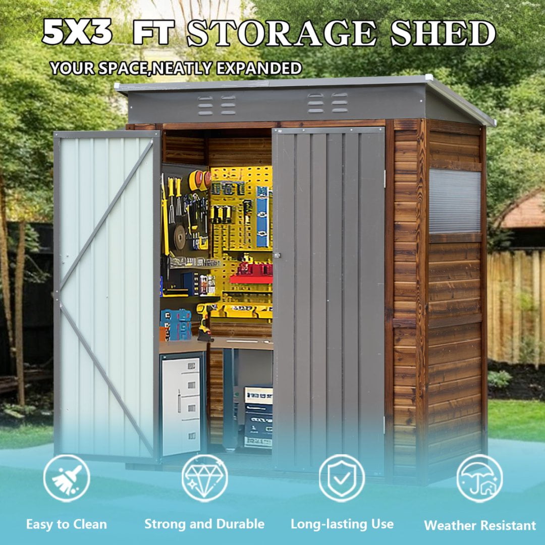 Fehomix 3x5 FT Outdoor Storage Shed, Metal and Wood Tool Shed with Wide Iron Doors & Windows, Weatherproof Garden Shed for Backyard, Lawn Mower & Large Equipment Storage