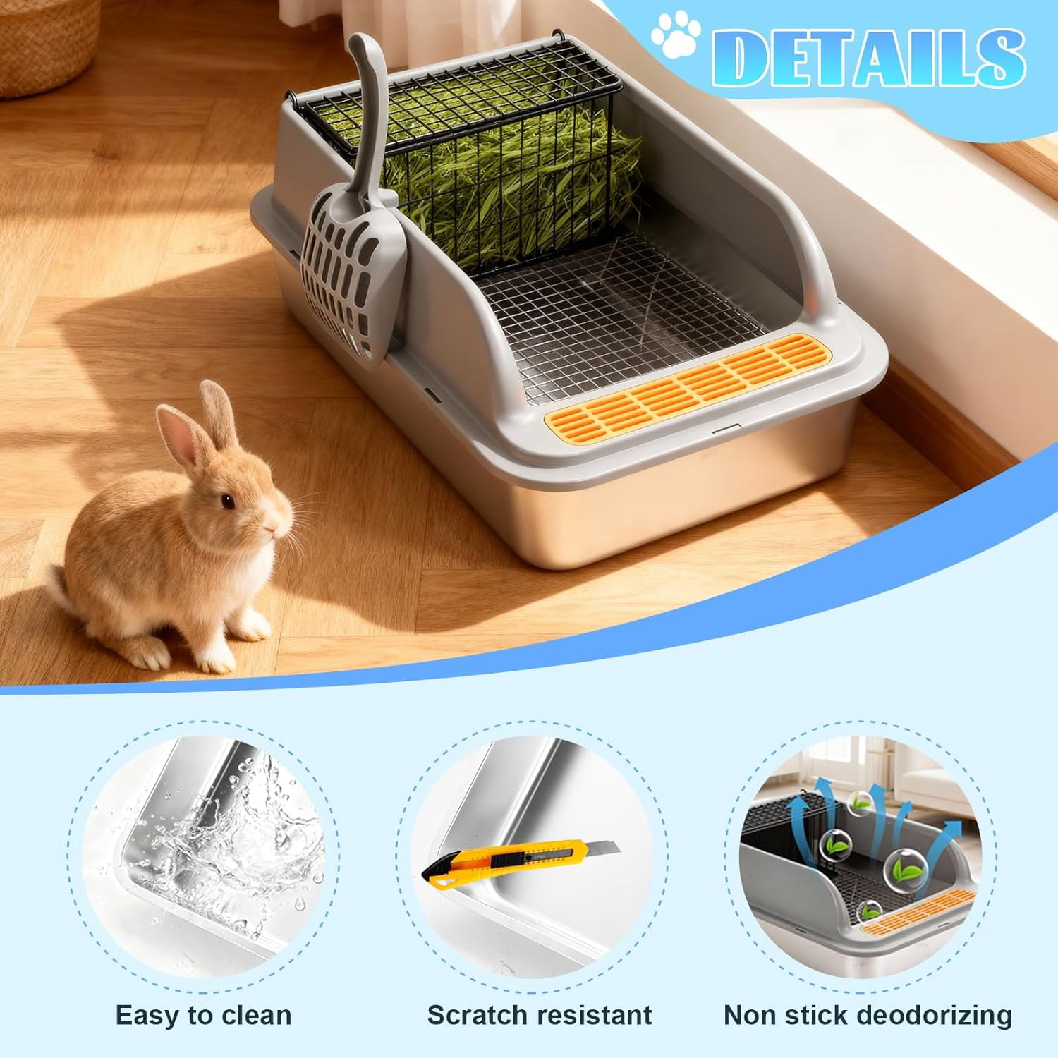 Stainless Steel Rabbit Litter Box w Hay Feeder and Litter Scoop, 19.7 x 13.8 x 7.9 Inch Large Litterboxes w Raised Grid, High Sided Kiter Box for Bunny, Guinea Pig, Ferret, Small Snimal, Hamster