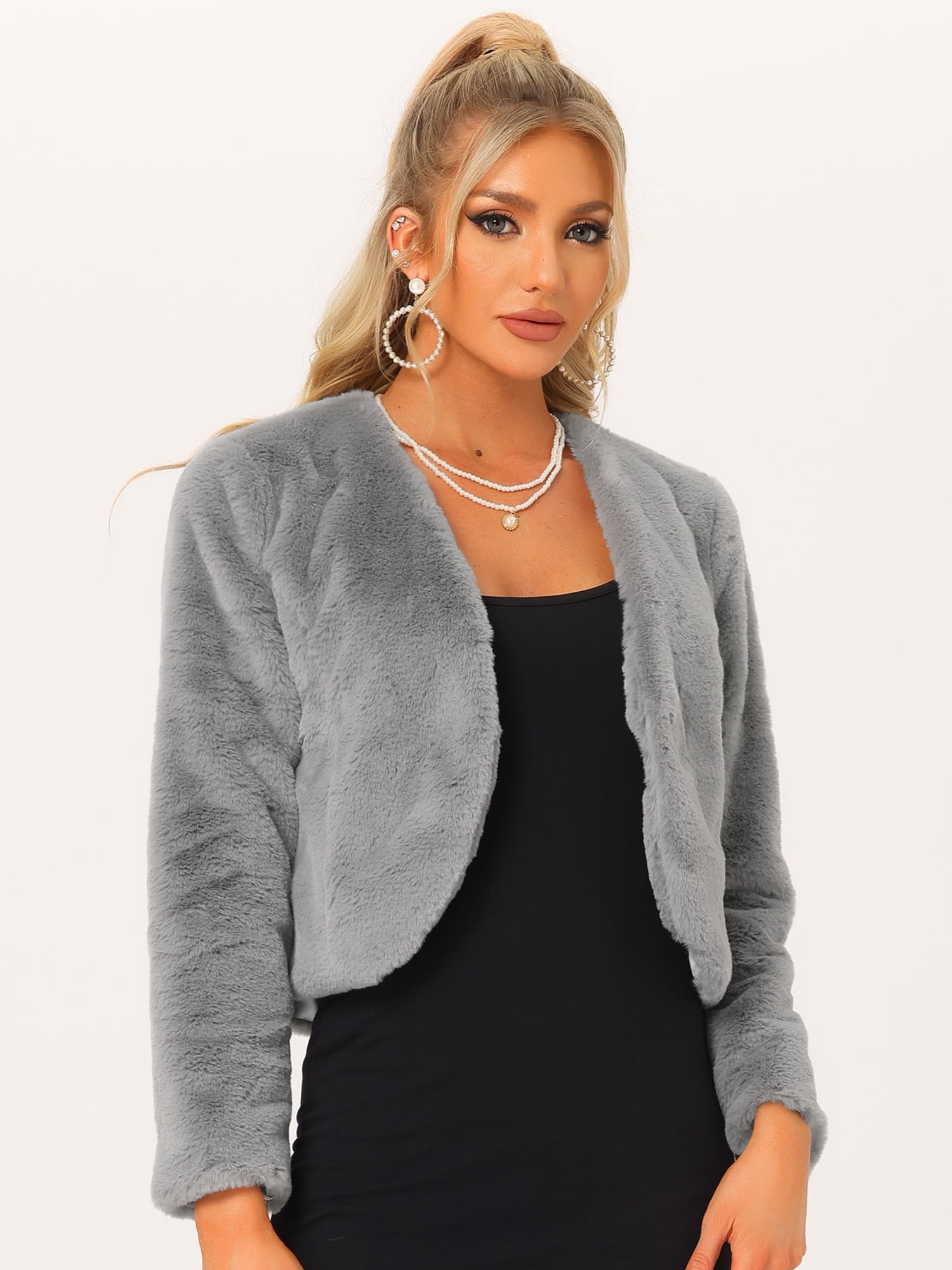 DARING DIVA Women's Faux Fur Cropped Open Front Jacket Bolero Coat M Gray