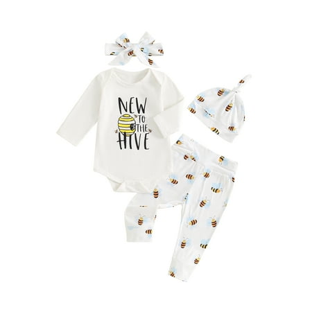 

Newborn Baby Boy Girl Letter Print Outfit Bumble Bee New to the Hive Bodysuit Pants Hat Headband 4pcs Set