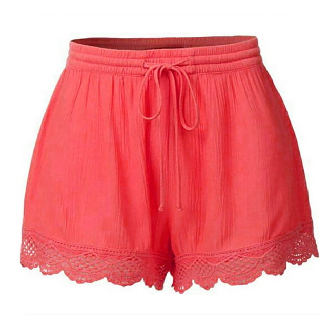 Timegard Plus Size Shorts Cotton Linen Lace Elastic High Waist Solid Color Summer Casual Loose Shorts