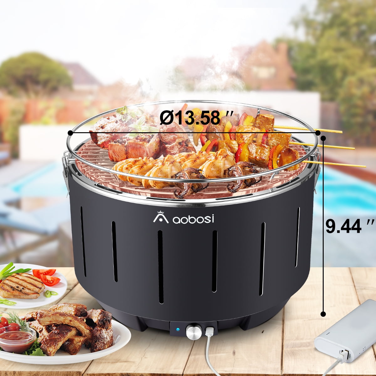 Freshore Portable Smokeless Charcoal BBQ Grill - Outdoor Camping Small  Tabletop Cooking Mini Barbecue - Built in Fan Power by 4A Battery Or Phone