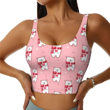 Adobk pink Scarf bear Print Sports Bras for Women Longline Workout Crop Tank Tops Padded with Built in Shelf Padded Sports Bra-XX-Large