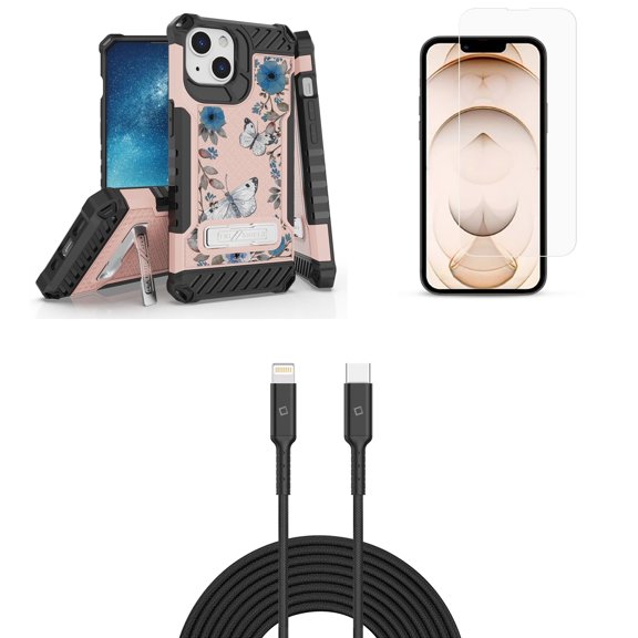 Bemz iPhone 13 Bundle: Tri Shield Shockproof Armor Rugged Case (Blue Butterfly Flowers), Premium Glass Screen Protectors (2-Pack), USB-C to Lightning Cable (3.3ft/1m)
