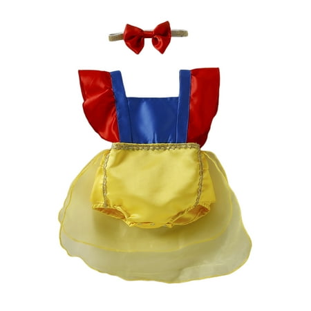 

Calsunbaby Toddler Baby Girls Princess Romper Fly Sleeve Square Neck Color Contrast Crotch Buttons Jumpsuit + Headband Yellow 1-2 Years