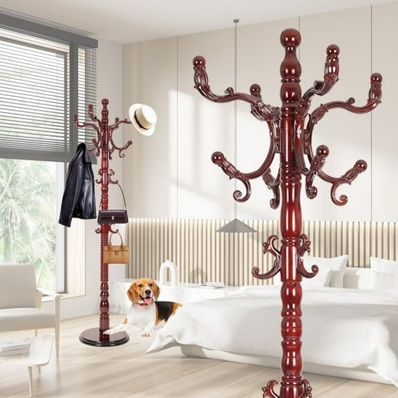 Coat Rack Freestanding,Solid Wooden Coat Rack Stand with 3 Height Options,14 Hooks, Natural Birch Coat Tree Easy to assemble for Clothes Jacket Hat bag Entryway (mahogany)
