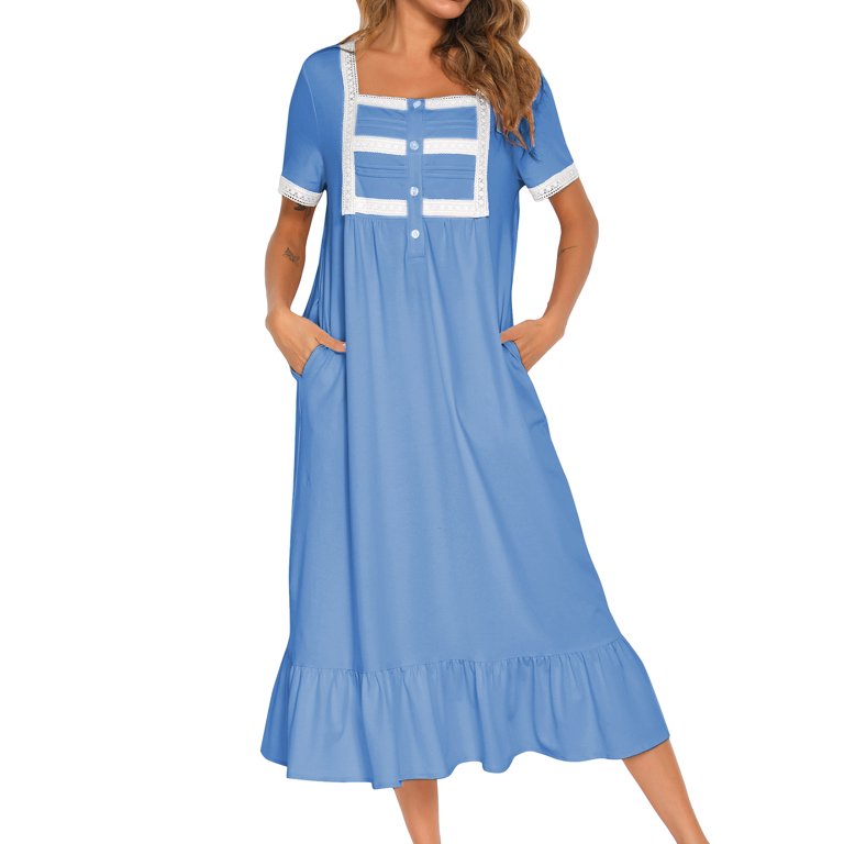 Defitshape Women's Short Sleeve Sleep Dress Plain Vintage Lace Frill Calf Length Cotton Victorian Nightgown Square Neck Billowy Old Fashioned Summer Soft Sleepwear Nighty Blue Large - Walmart.com Defitshape Women's Short Sleeve Sleep Dress Plain Vintage Lace Frill Calf Length Cotton Victorian Nightgown Square Neck Billowy Old Fashioned Summer Soft Sleepwear Nighty Blue Large - Walmart.com
