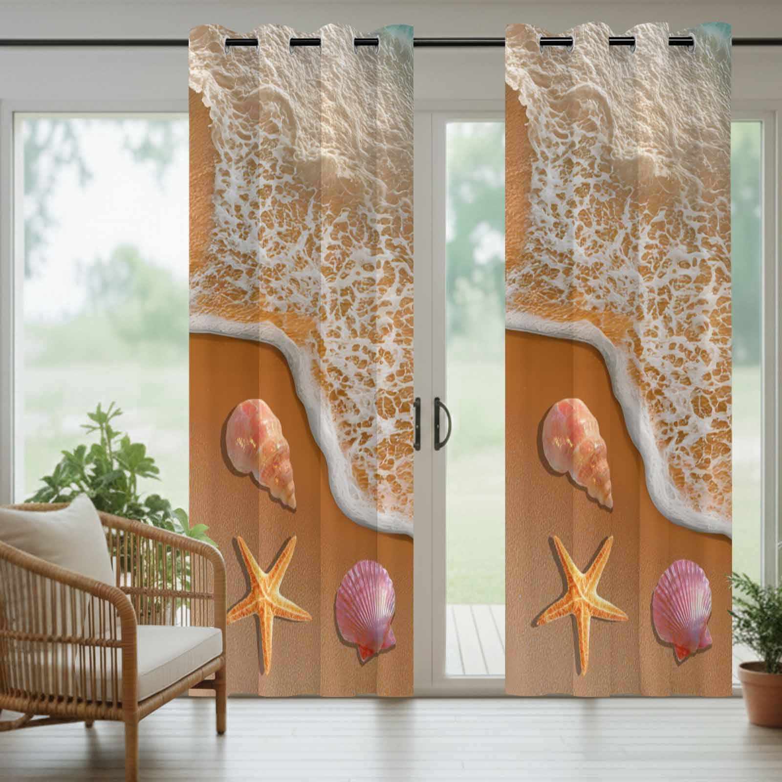 Summer Beach Outdoor Curtains for Patio, Ocean Waves Starfish Shell Conch Coastal Sunshade Privacy Drapes Grommet Waterproof Outside Curtains for Porch/Cabana/Balcony 54"x 108", 1 Panel