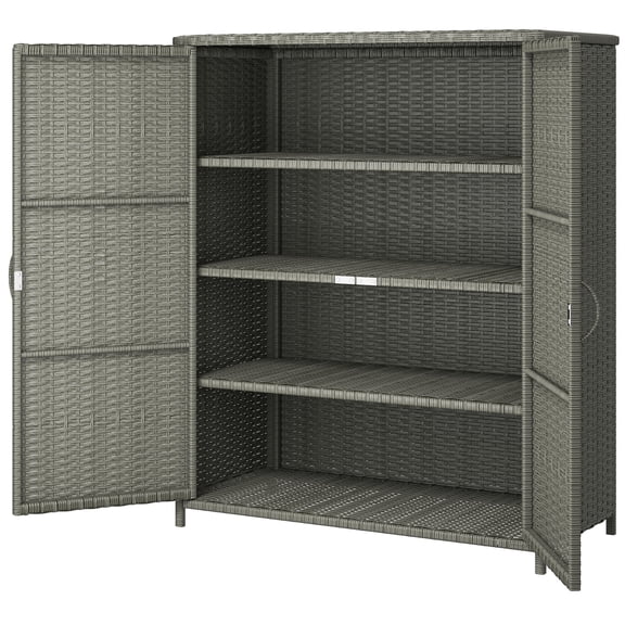 Homiyad Rattan Wicker Outdoor Storage Cabinet with 4 Shelves and 2 Doors for Garden Pool Towel Storage, Dark Gray