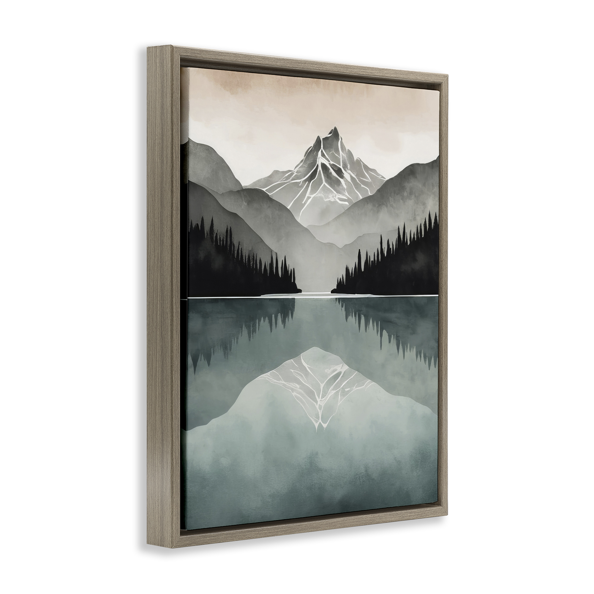 Stupell Industries Mountain Reflecting over Lake Landscape Painting Brown Floater Framed Art Print Wall Art, 25 x 31