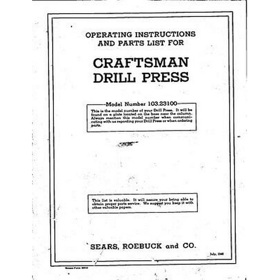 1946 Craftsman 103.23100 Drill Press Operating Instructions and Parts List REPRINT