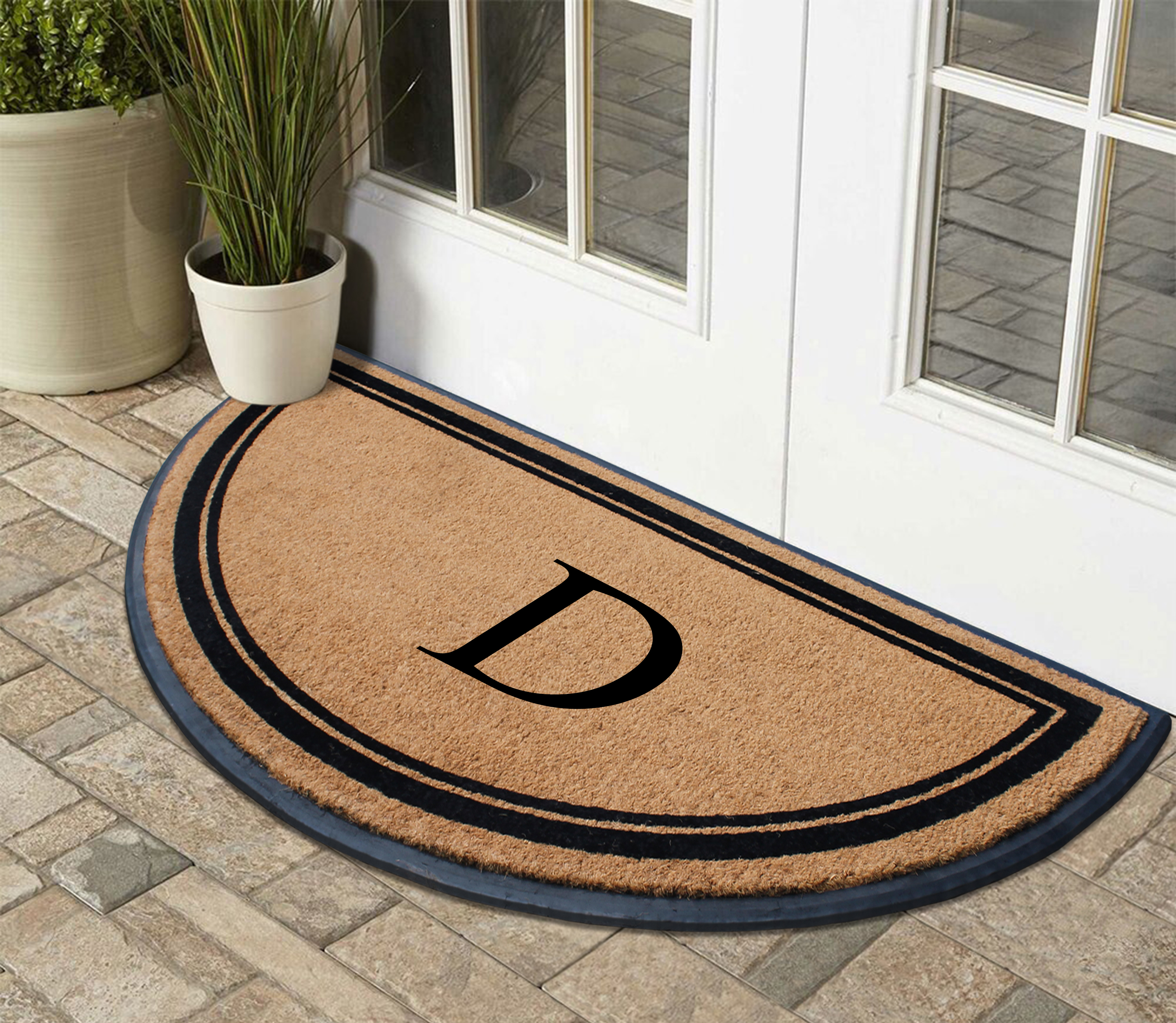 A1HC 36"x72" Natural Coir & Rubber Semicircular Monogrammed Door Mat, Thick, Durable, Heavy-Duty Welcome Mat for Front Door, Black Border