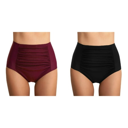 Lojoutye 2 Pack(Black 1PCS & Red 1PCS) Multipack Tummy Pants Swimsuit Control Women Bottoms High Waist Bikini Briefs Ruched Swimwears Tankinis Set