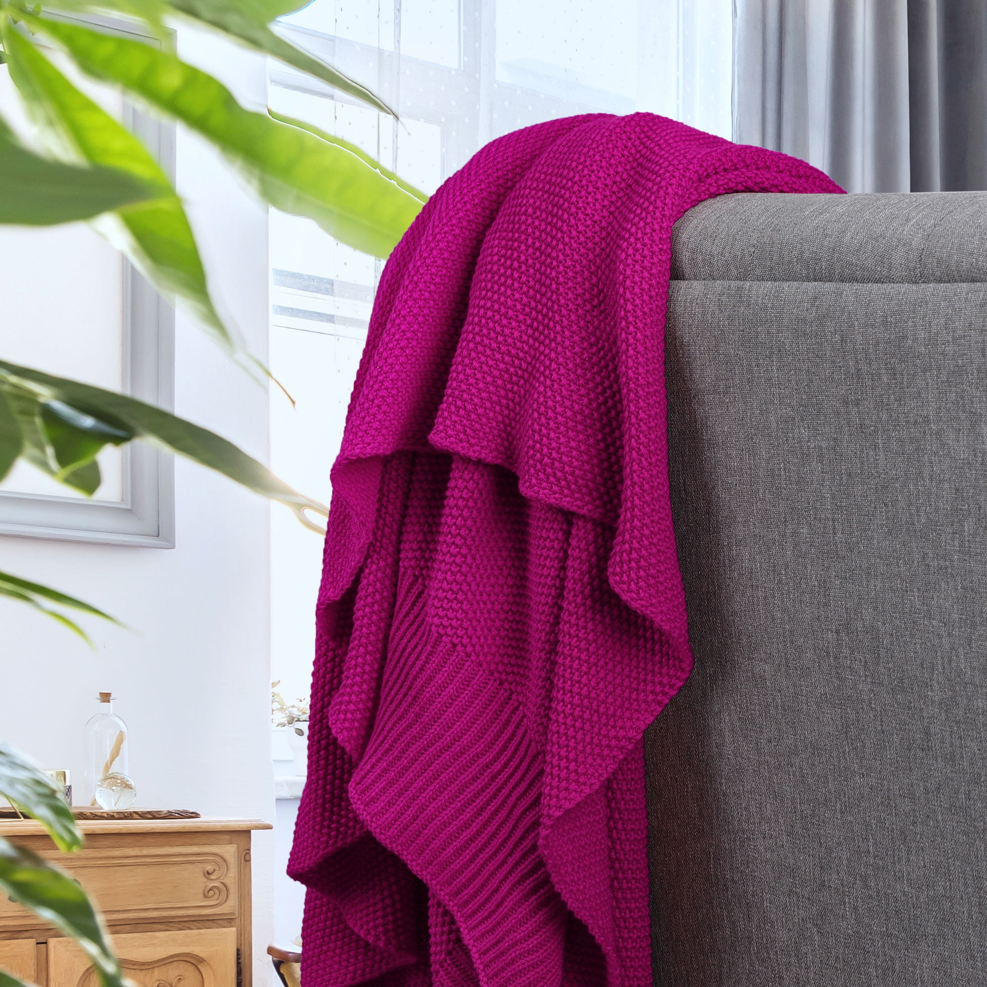 Unique Bargains Pure Cotton Soft Cable Knit Throw Blanket Fuchsia 50