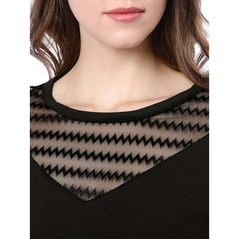 Unique Bargains Women's Sheer Chevron Embroidery Mesh Panel T