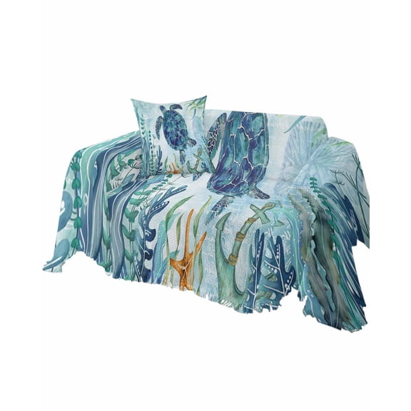 Nautical Coastal Turtle Sofa Couch Covers for Dog,Washable Sectional Couch Slipcovers for Loveseat with Tassels,Starfish Coral Vintage Turquoise Non Slip Sofa Throw Cover Blanket Large 71''x102''