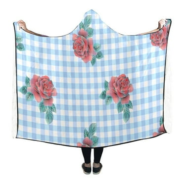 ASHLEIGH Roses Light Blue Checkered Pattern Hooded Blanket Pilling Polar Fleece Hooded Throw Wrap 56x80 inch