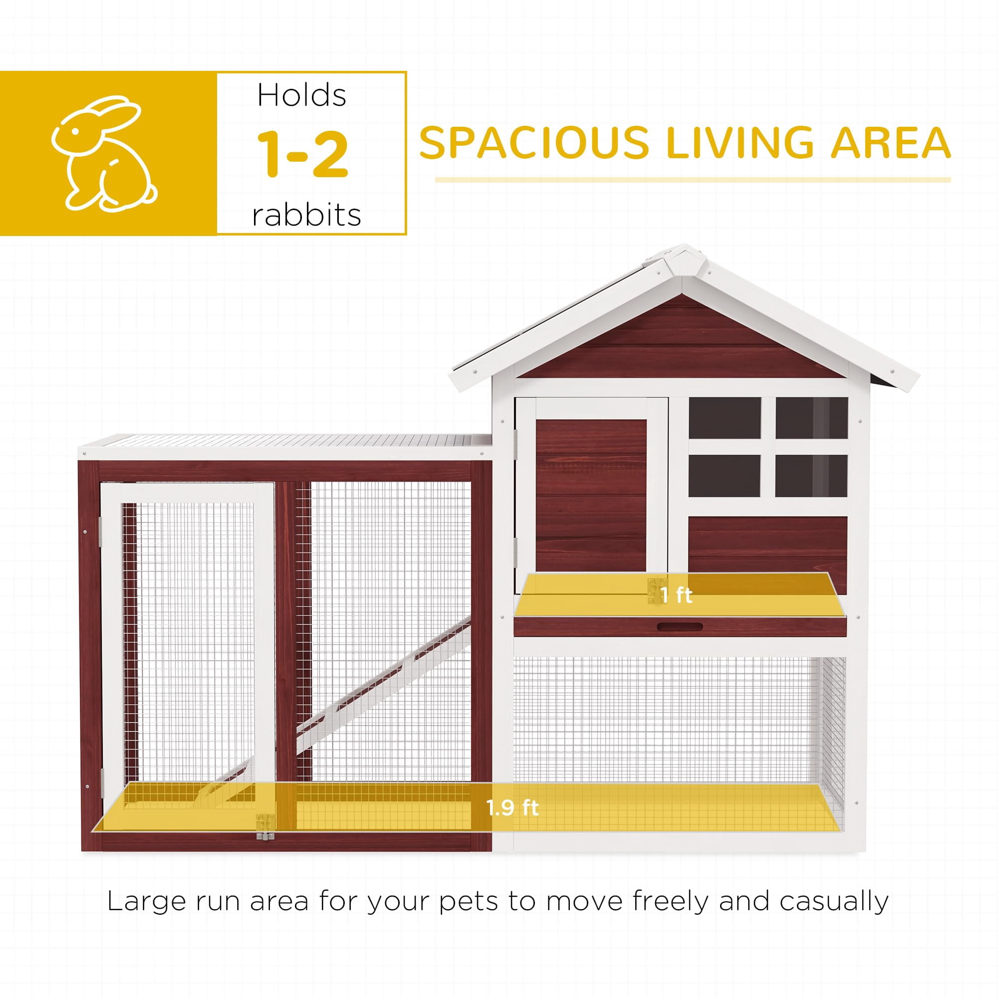 48 Inch Wooden Rabbit Hutch Bunny Cage with Waterproof Asphalt Roof, Outdoor Run for Rabbits, Removable Tray and Ramp, Easy Cleaning, Brown