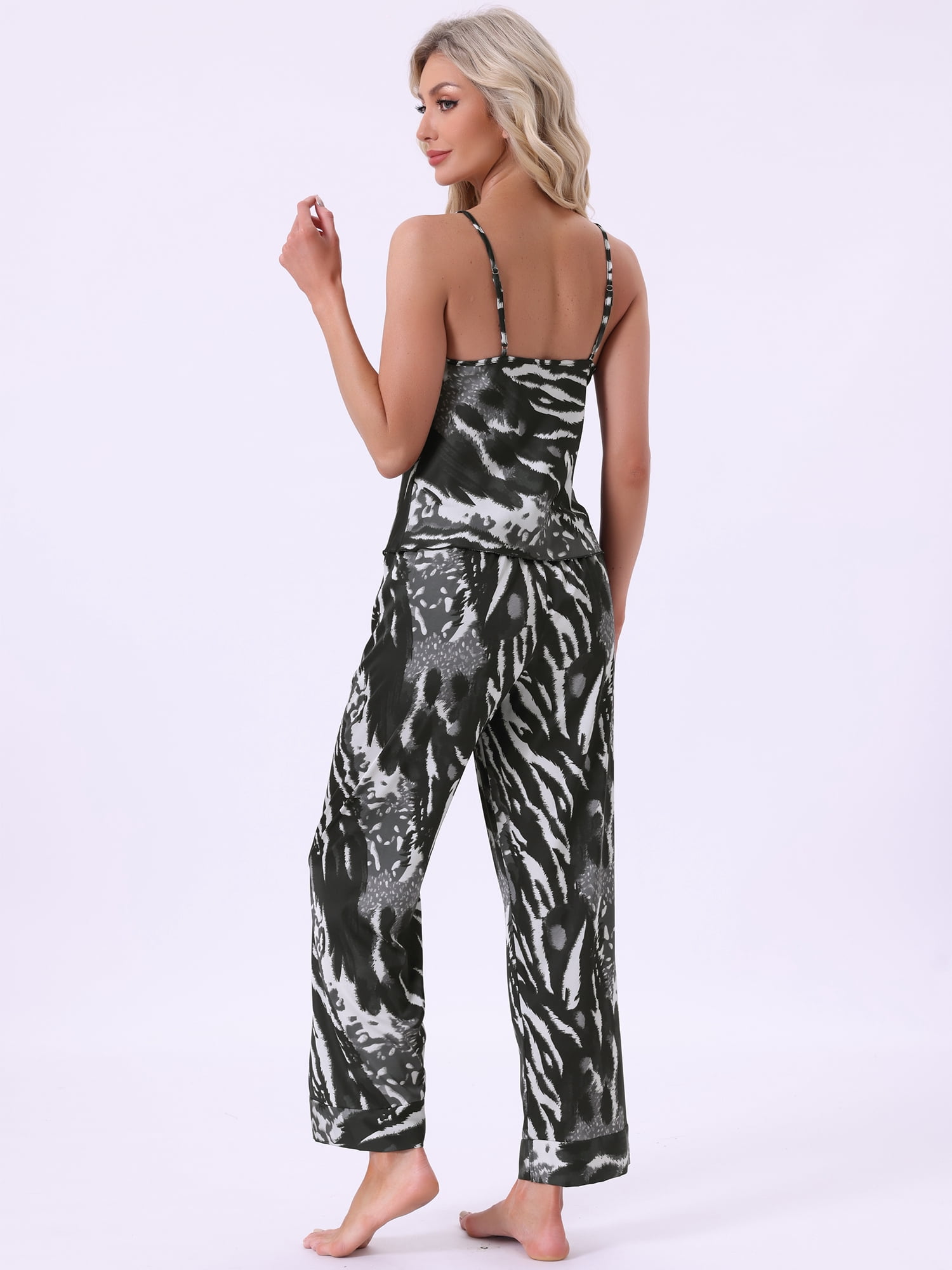 DARING DIVA Women's Satin Loungewear Leopard Print Cami Spaghetti Pajama Sets S Jet Black
