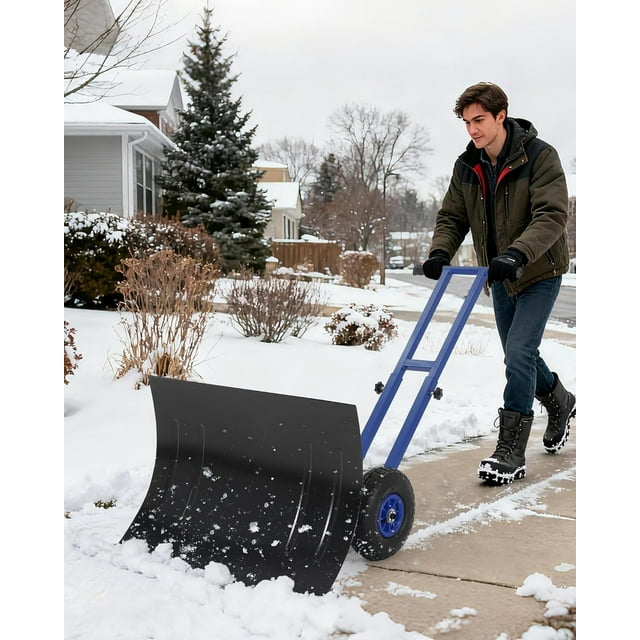Twister.CK Pelle à Neige avec Roues, Pousse-Neige à Double Tige Robuste avec Lame en Métal 29"L X 19.8"H, Poignée à Angle et Hauteur Réglables pour Entrée Trottoir Cour, Bleu