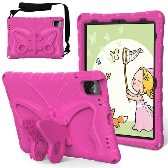 Allytechgroup iPad Air 4th 5th Gen Case 10.9" for Kids, Butterfly Design Children Friendly Shockproof Kickstand EVA Shoulder Strap Bumper Lightweight Case for Apple iPad Air 4 5 10.9", Rose