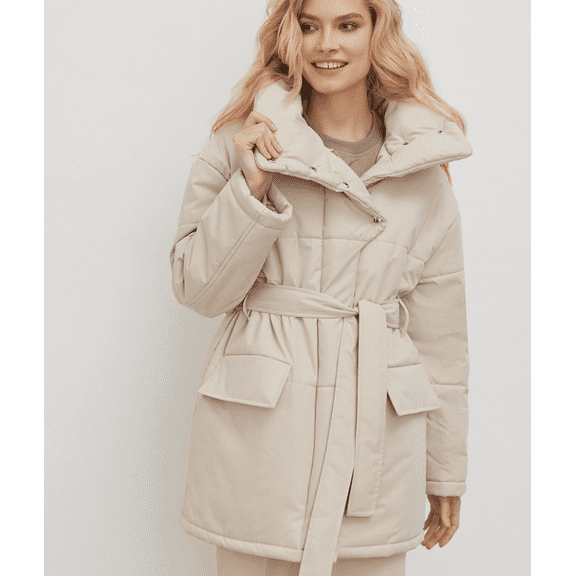 Women's Stand Collar Puffer Pattern Cotton Jacket Belt Button Up Long Sleeve Warm Coat Winter Outerwear