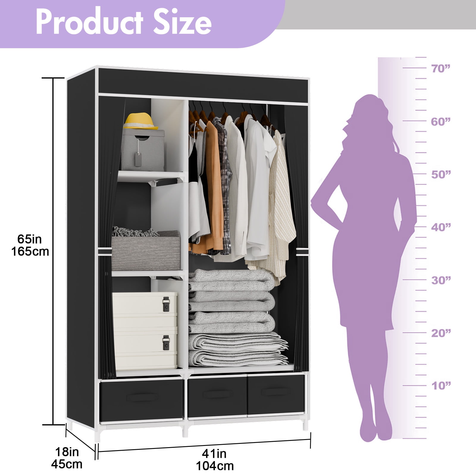 BAOKALER Portable Closet with Non-Woven Fabric,3 Drawers,1 Hanging Rod&4 Side Pockets, plus 16mm Metal Tube Frame–Suitable for Bedrooms, Living Rooms,Closets,Garages&Dorms