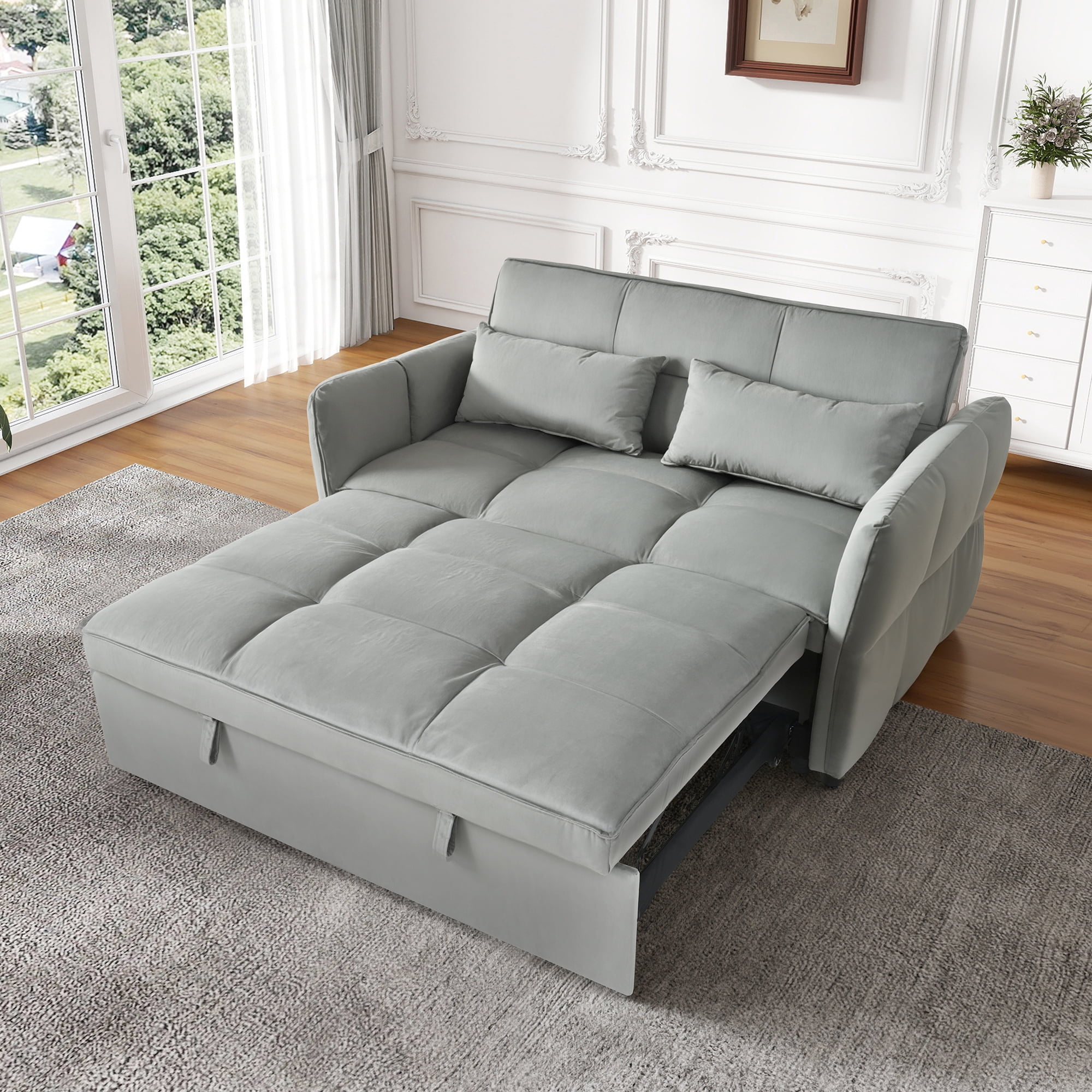 3-in-1 Pull Out Couch Bed with Reclining Backrest and Pillows Dark Grey Velvet Convertible Sleeper Sofa for Living Room Bedroom Apartment Small Spaces
