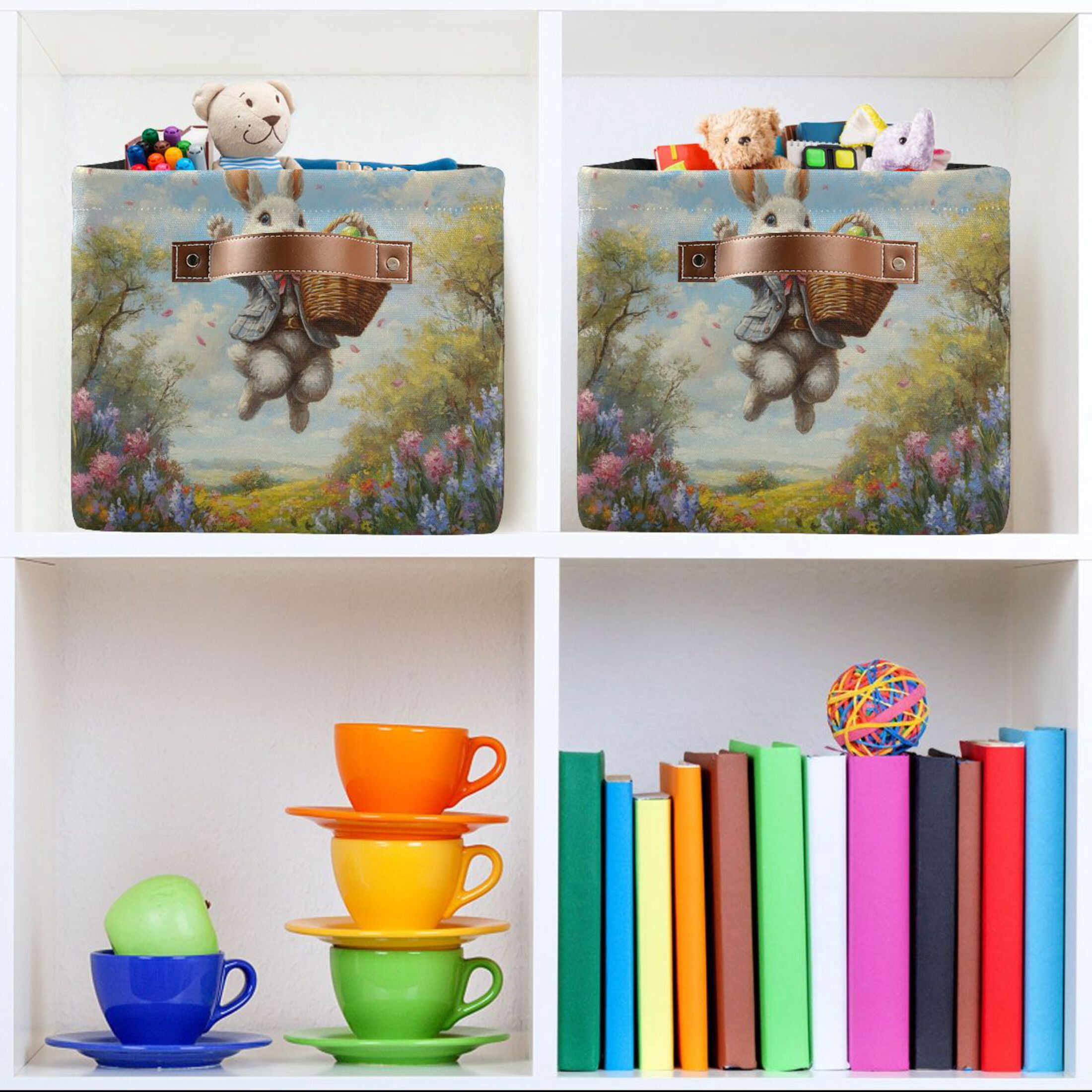 WOBOGO Cheerful Easter Bunny Square Storage Basket with Waterproof Canvas and PE Lining Durable PU Leather Handles 14.2×10.2×8.3in