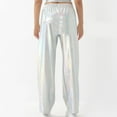 thumbnail image 4 of YYDGH Shiny Metallic Pants for Women Elastic High Waist Wide Leg Pants 70s Disco Dance Party Trousers with Pockets White White, 4 of 5