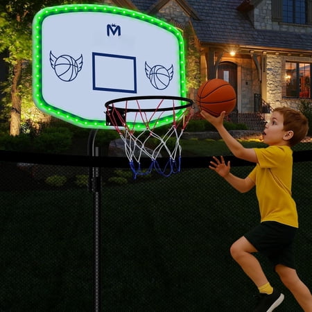 Large Solar Trampoline Basketball Hoop With Lights 28.2 x19.7 Backboard Fits Diameter 25mm-32mm Straight & Curved Pole Universal Attachment Ball Pump For Outdoor