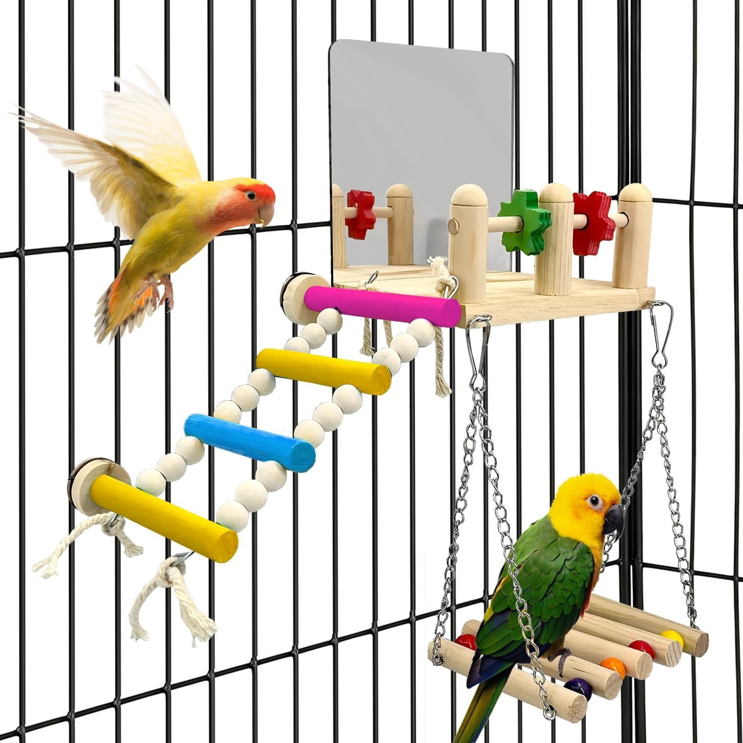 Bird Toys with Bird Mirror Climbing Ladder Swing Wooden Play Gym - Parakeet Toys & Cage Accessories for Cockatiels, Lovebirds, Budgies, Finch, Canaries