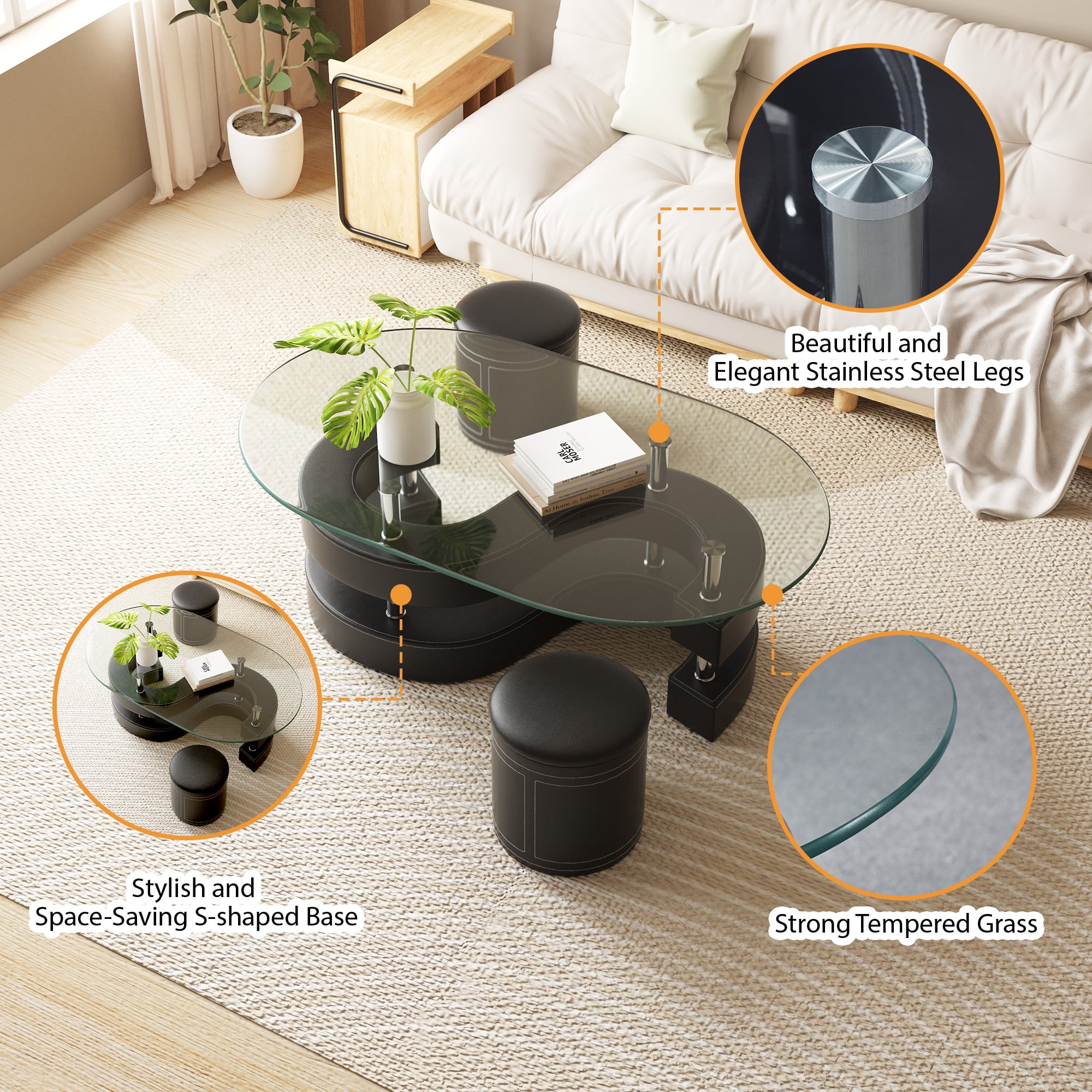 3 Pieces Coffee Table Set, 0.39" Tempered Glass Top and S Shape Base, Oval Modern Coffee Table with 2 Leather Stools, Accent Coffee Table for Living Room Bedroom