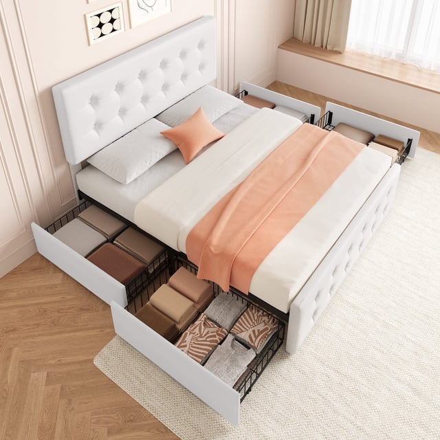 Noise-free tamaño completo-size platform marco de cama con forrado cabecero y four almacenamiento cajones - button tufted design (blanca)