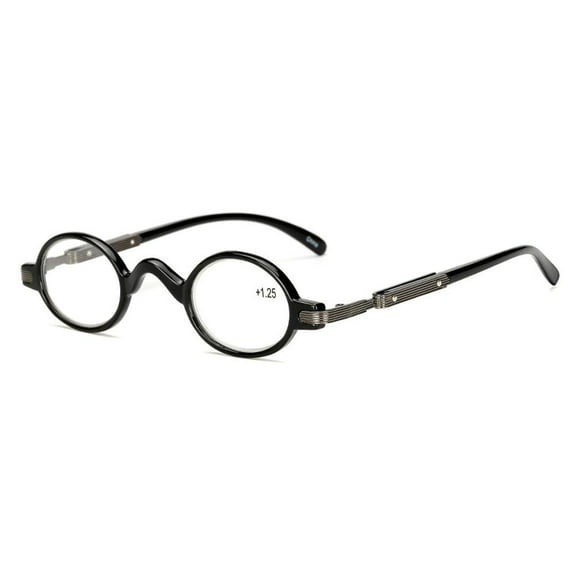 Womens Mens Small Round Reading Glasses 2.0, Black Spring Hinges Readers  2.0