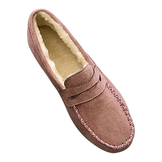 Womens Moccasin Slippers Plush Fleece Line Suede Upper Simplicity Solid Color Slip On Comfortable Non Slip Warm Winter Flock Shoes Soft Flat Bottom Doudou Shoes Pink