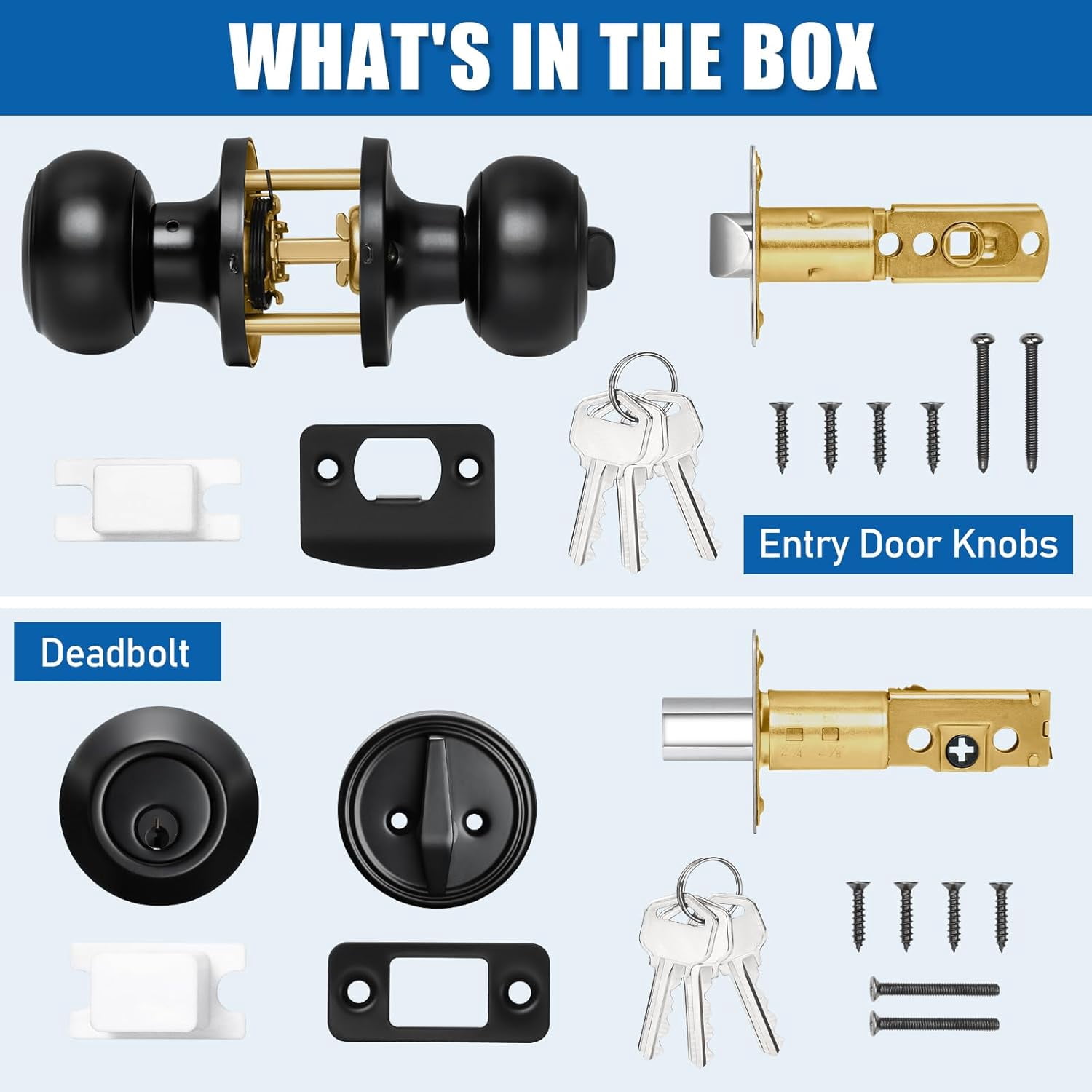 4 Sets Entry Door Knob and Single Cylinder Deadbolt Combo, Keyed Alike Round Ball Matte Black Exterior Door Locks with Keys for Front Door Security